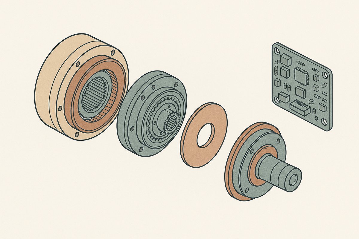Isometric illustration of an actuator and reducer assembly with gears, housing parts, a washer, and a control circuit board.