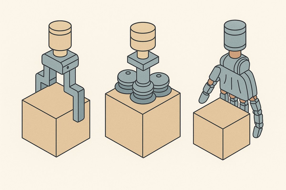 Three robotic devices hold cubes: a two-pronged clamp, a suction cup array, and an articulated robotic hand.