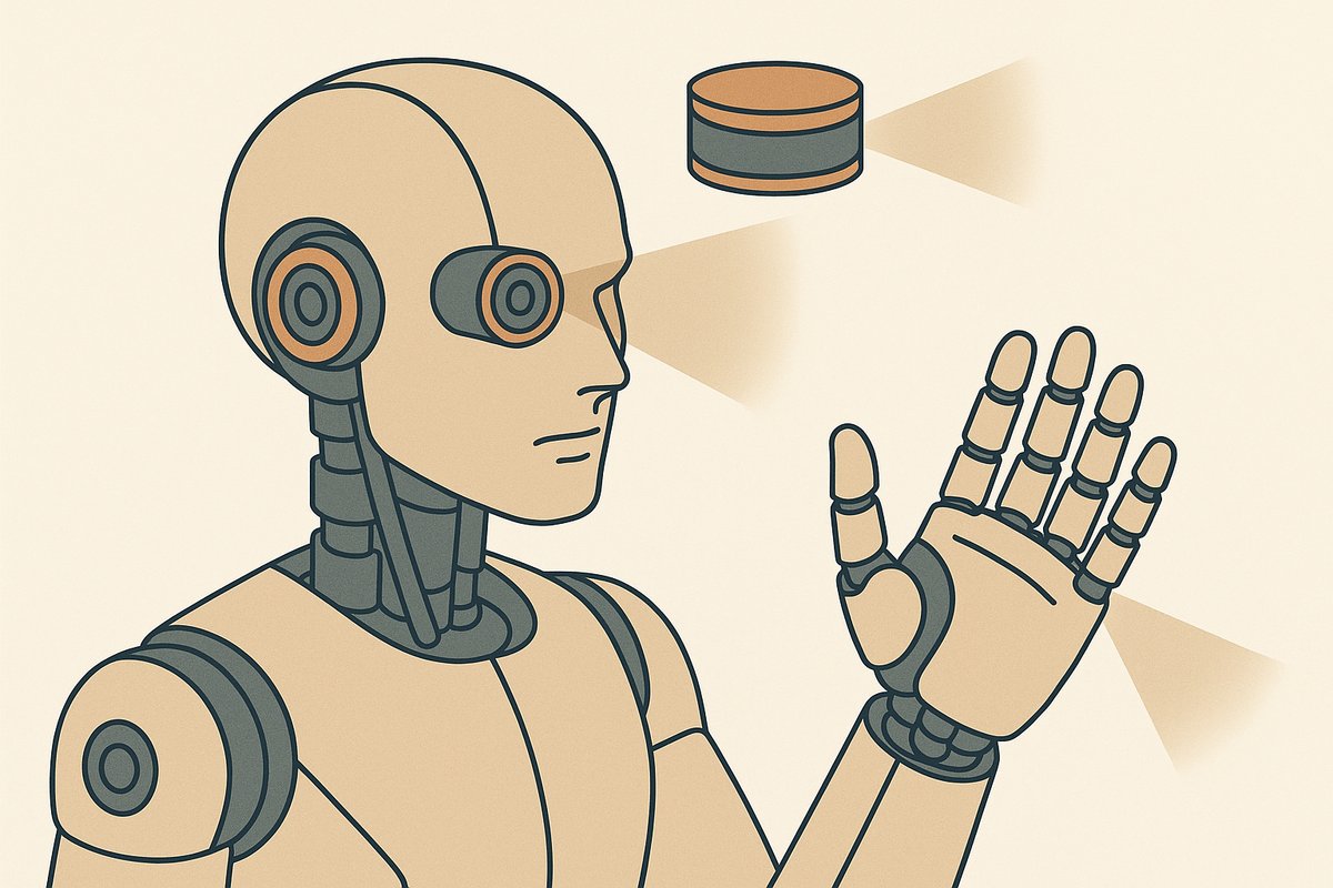 Robot with open hand and focused eyes observes a hovering sensor disc emitting beams, in a clean line art style.