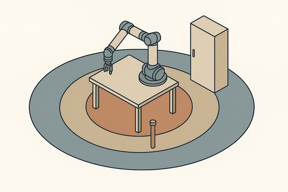 Robotic arm operates on a table within concentric safety zones, with a tall cabinet nearby in a minimalist illustration.