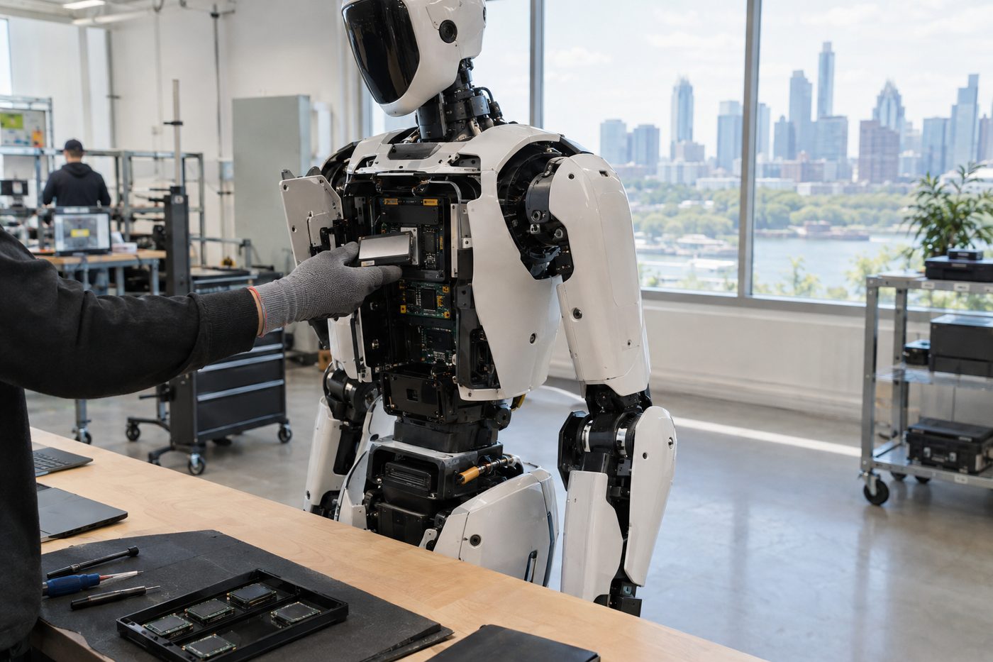 Technician installs a computer module into the chest of a white humanoid robot in a modern robotics lab with city skyline views.