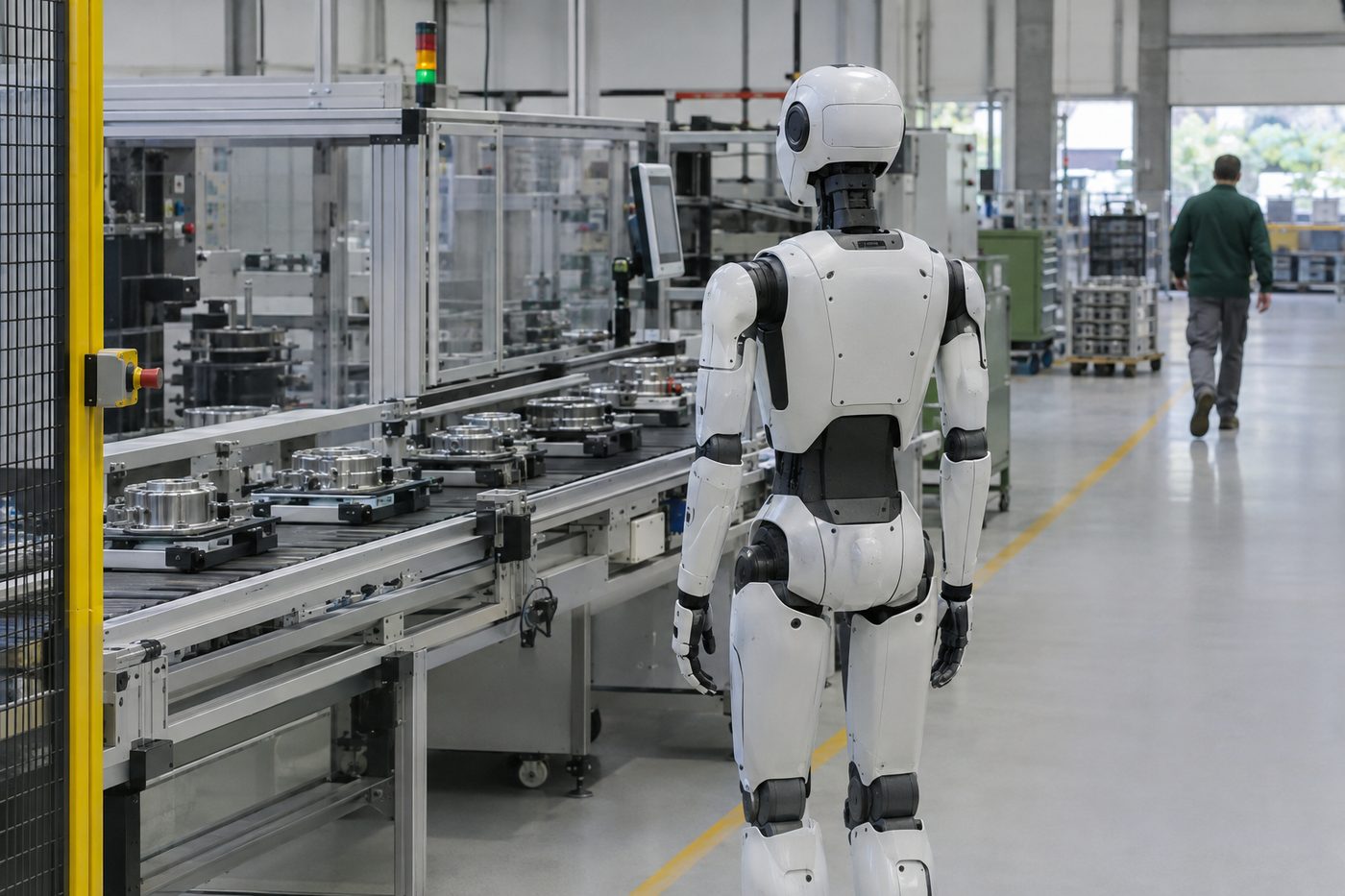Humanoid robot stands by an automated assembly line in a modern factory as a worker walks away in the background.