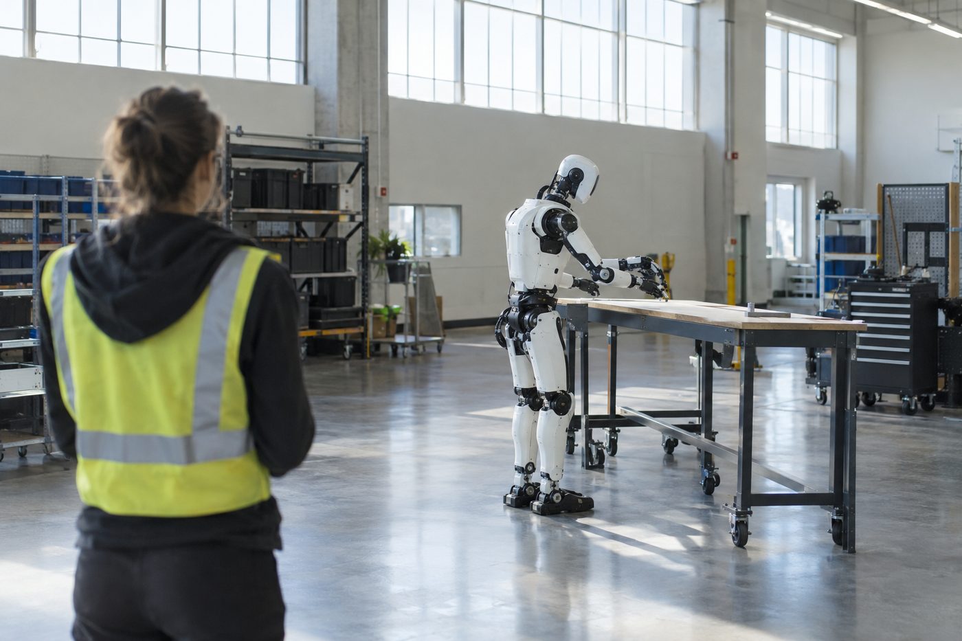 Humanoid robot works at a table in a spacious warehouse as a person in a safety vest observes from a distance.