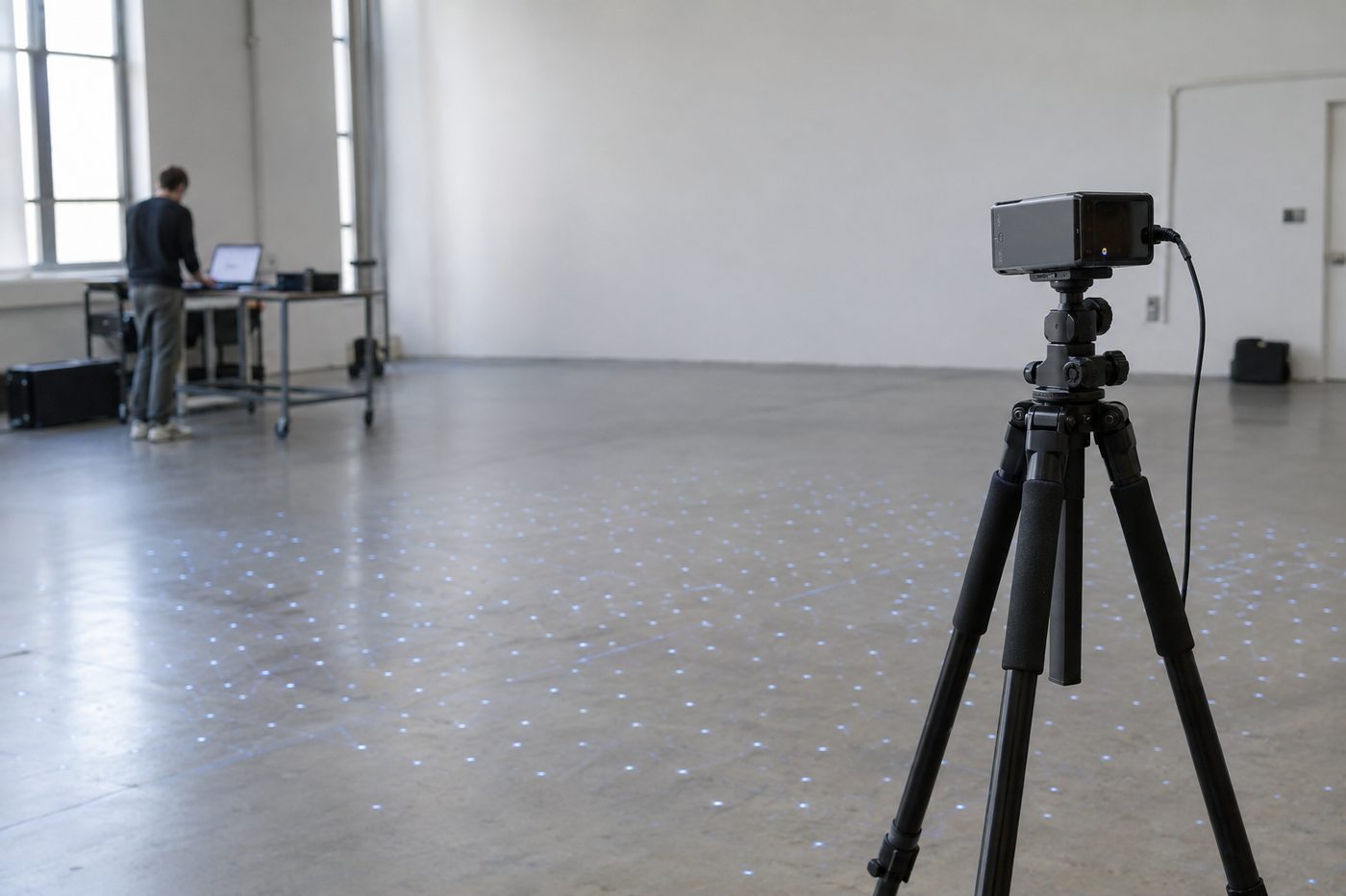A lidar camera on a tripod captures motion data from a grid of lights on the floor; person works at a table in the background.