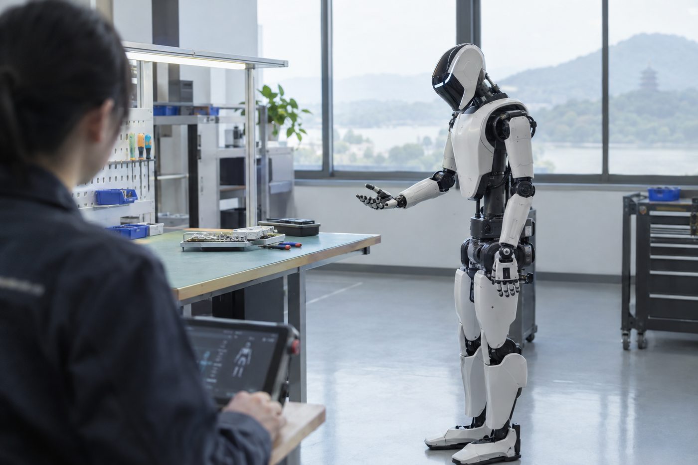 Humanoid robot stands in a bright lab facing a seated person with a tablet, workbench and tools visible in the background.