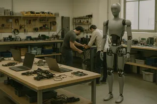 Humanoid robot stands in a workshop near two people working; laptops and robot parts are spread across tables.