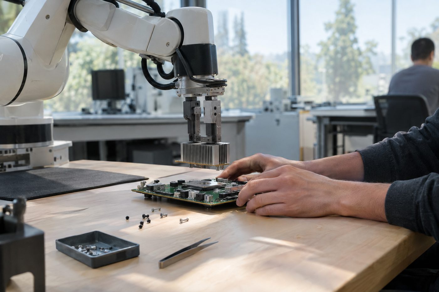 Robotic arm and technician assembling computer hardware in a bright, modern laboratory workspace.
