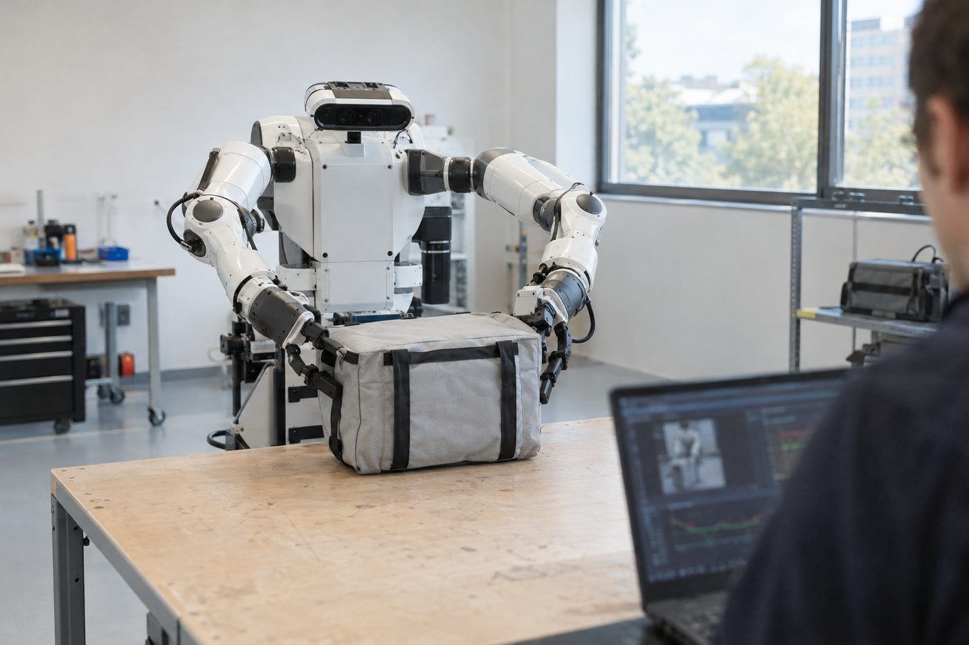 Humanoid robot uses both arms to move a gray bag on a worktable while a person monitors data on a laptop nearby.