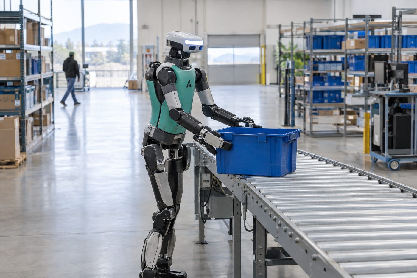 Humanoid robot places a blue crate on a conveyor belt in a spacious warehouse with shelves and industrial lighting.