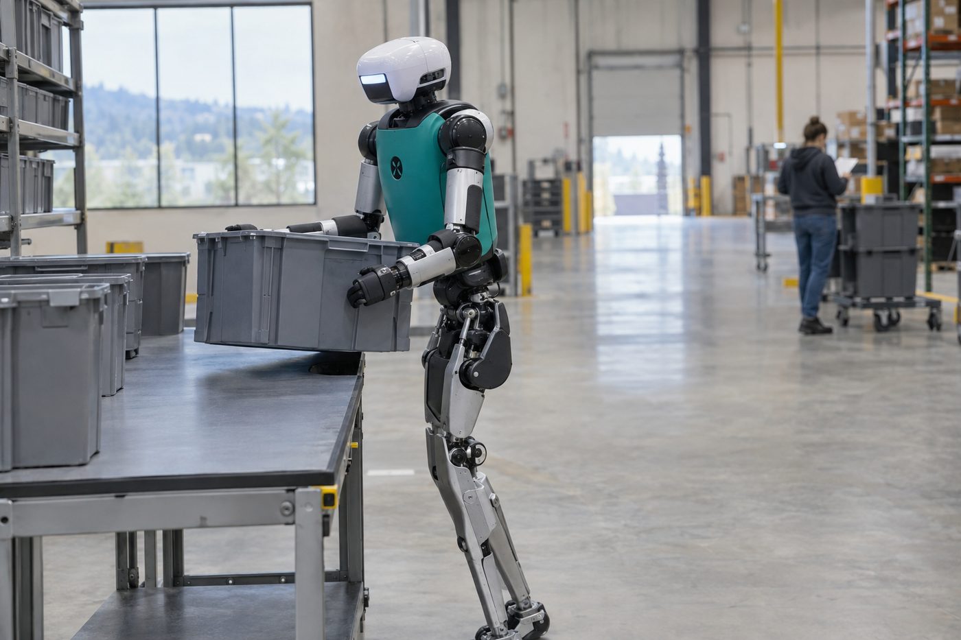 Humanoid robot lifting a plastic bin onto a table in a spacious warehouse, with a worker visible in the background.