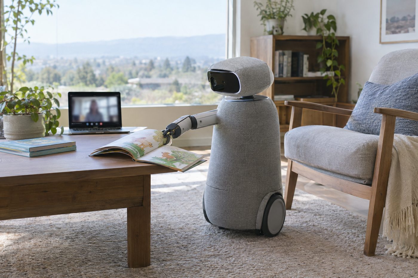 Wheeled home robot with a screen face and robotic arm flips through a book on a coffee table in a bright living room.