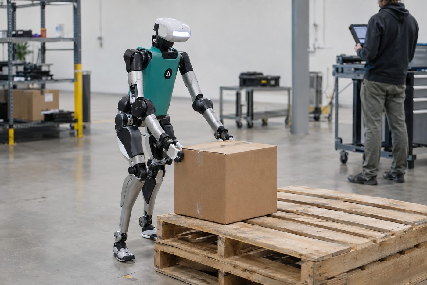 Bipedal robot moves a cardboard box onto a wooden pallet in a warehouse, person working in the background.