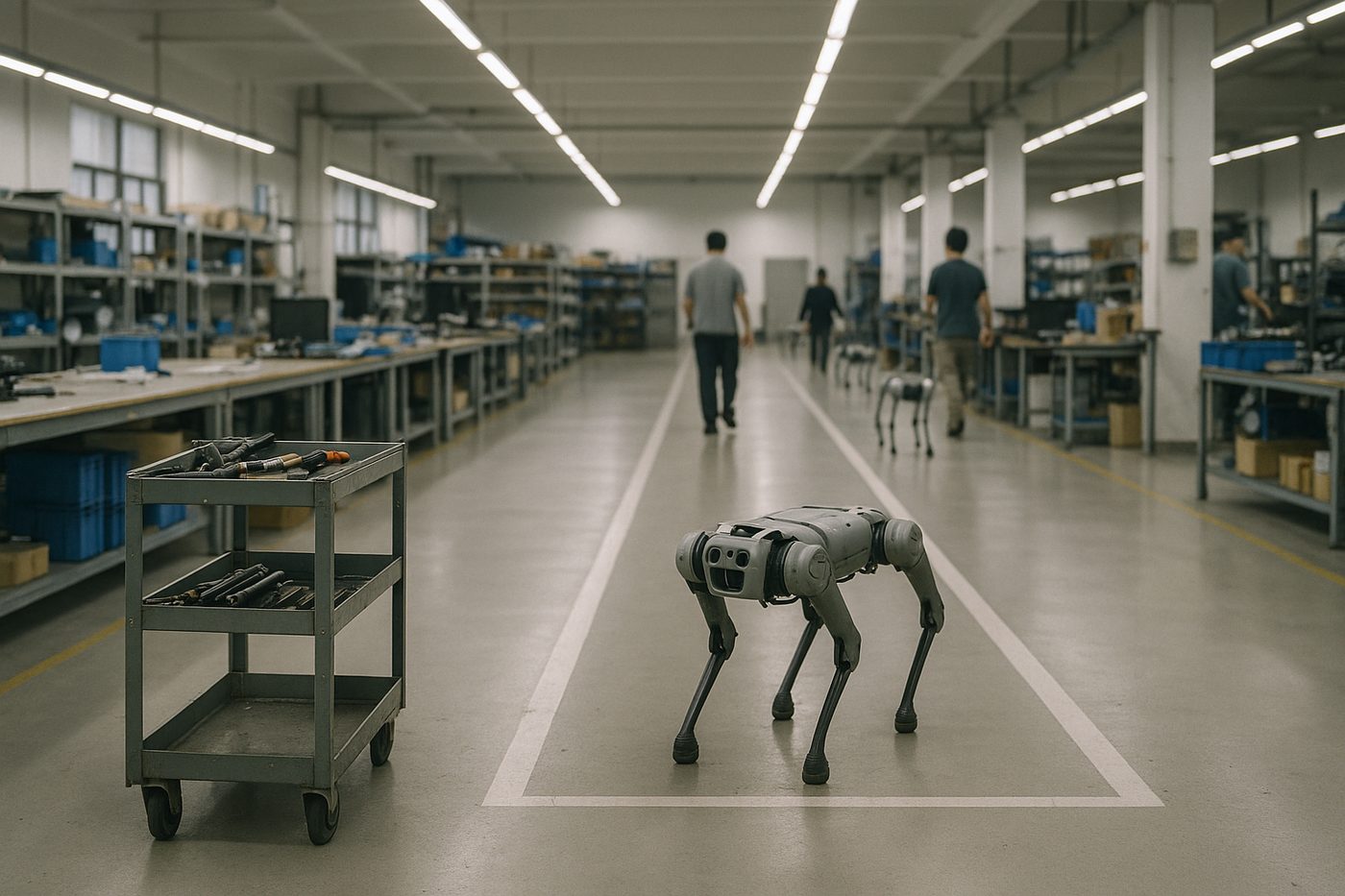 Quadruped robot stands in a spacious industrial workshop as workers and another robot move in the background.