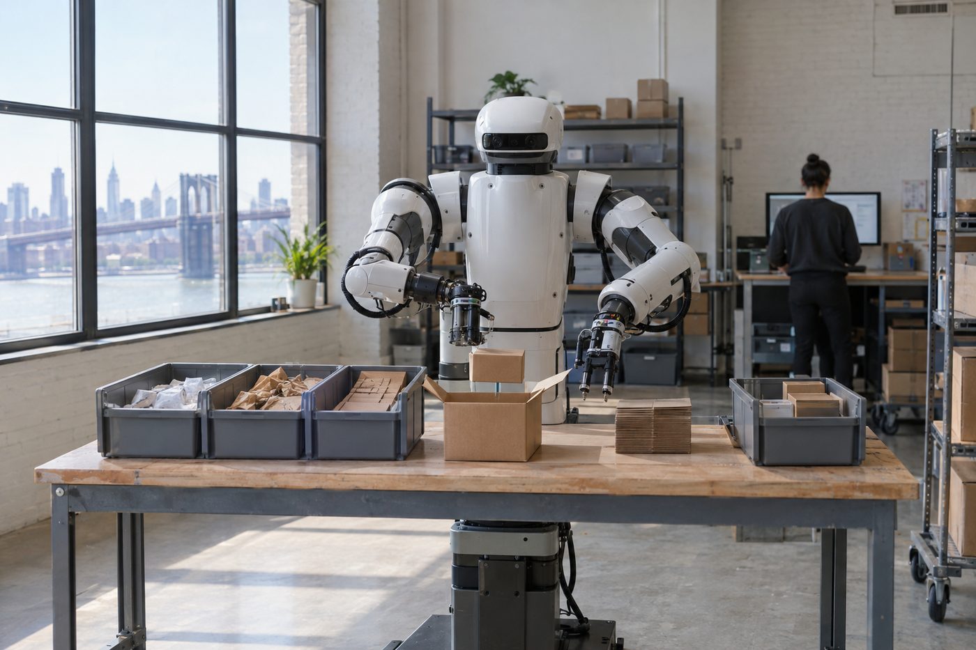 Humanoid robot packing cardboard boxes in a modern warehouse as a person works at a desk in the background.