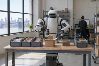 Humanoid robot packing cardboard boxes in a modern warehouse as a person works at a desk in the background.