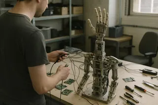 Person working on a partially assembled robotic torso with a realistic five-fingered hand raised on a workshop table.