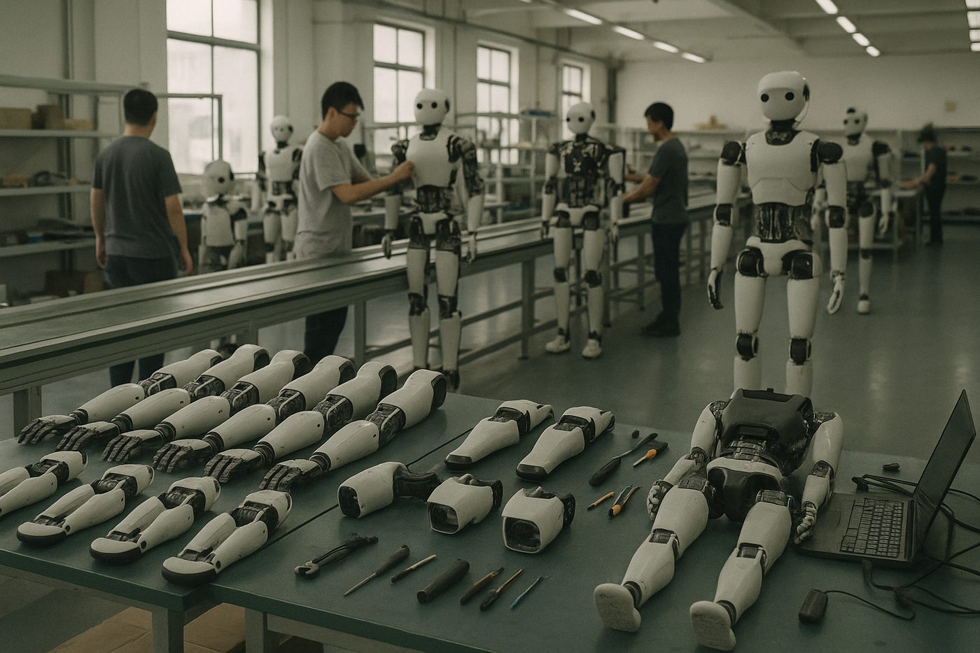 Humanoid robot parts and tools laid out on a table, with several assembled robots and engineers working in a factory setting.
