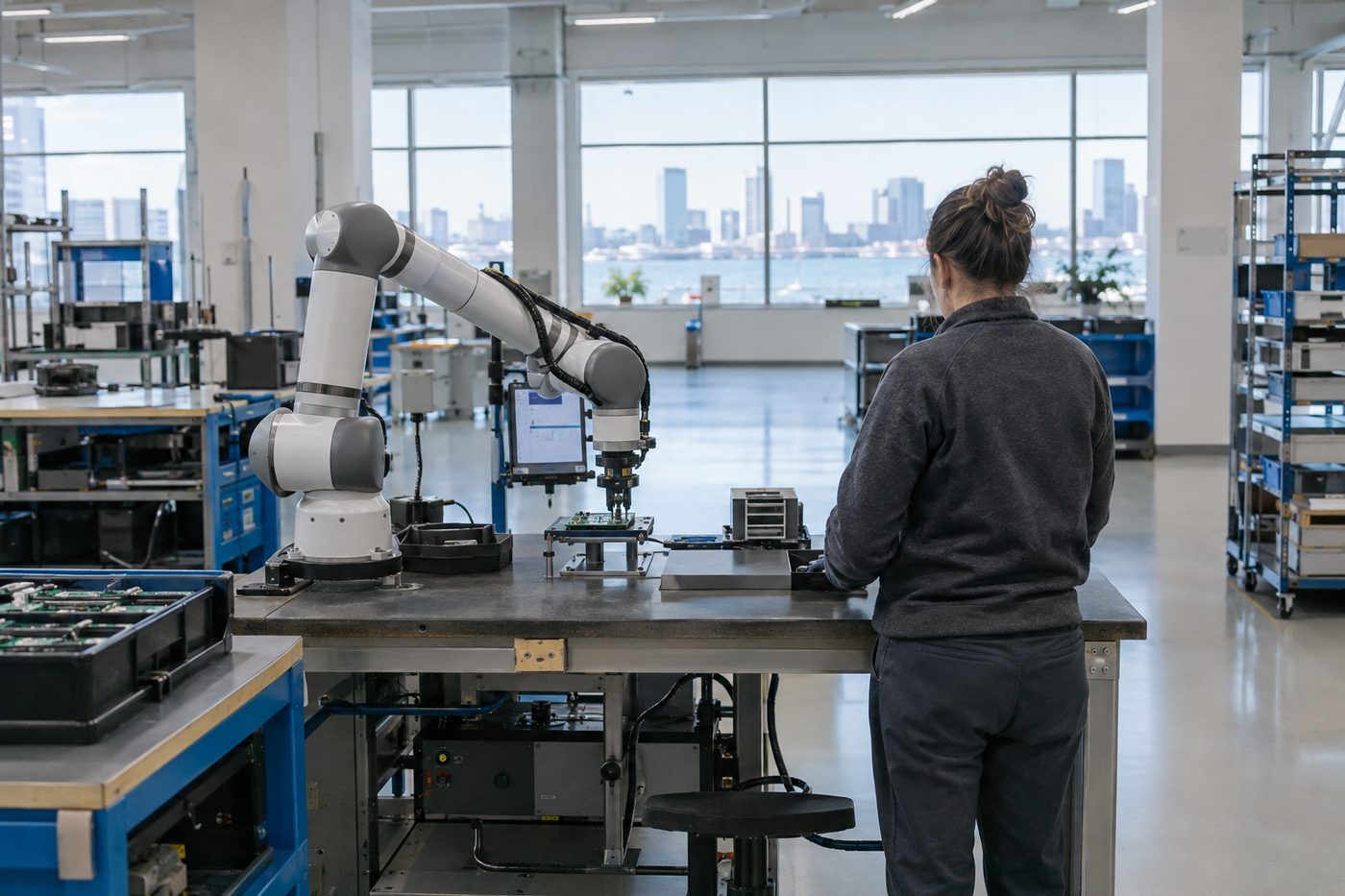 Engineer operates robotic arm at an industrial workstation inside a high-tech lab, with city skyline visible through large windows.