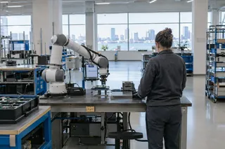 Engineer operates robotic arm at an industrial workstation inside a high-tech lab, with city skyline visible through large windows.
