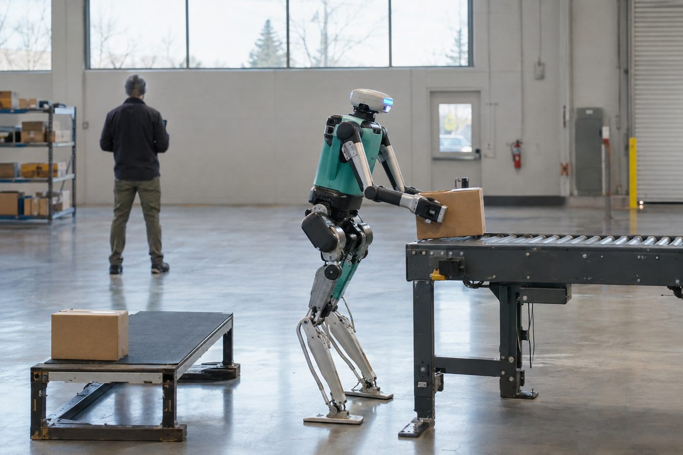 Humanoid robot places a box on a conveyor belt in a spacious warehouse as a person stands in the background.
