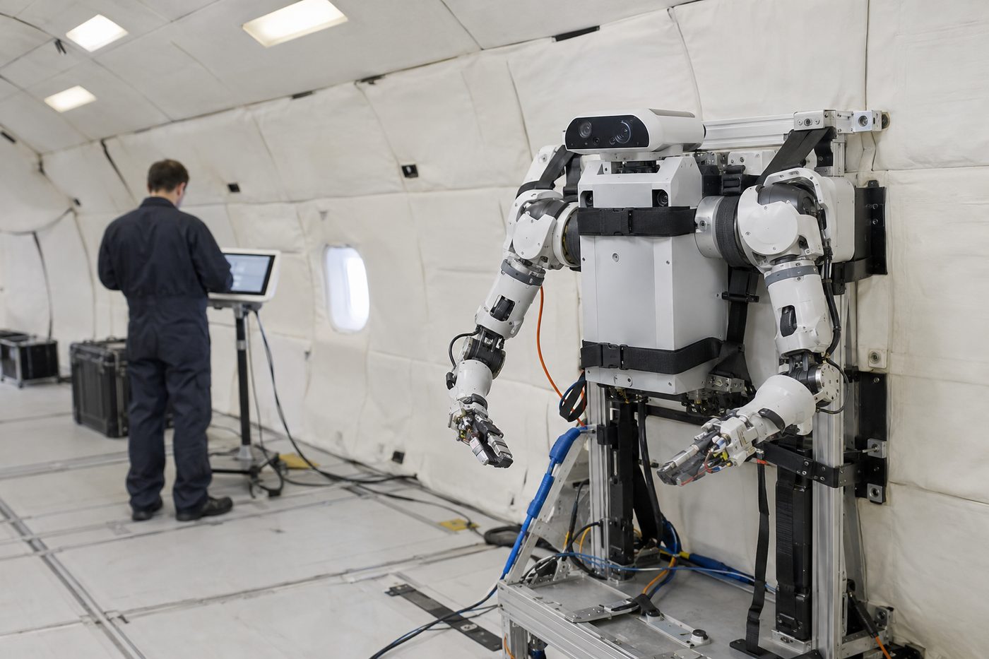 Humanoid robot with outstretched arms stands inside a white testing chamber as a technician works at a laptop nearby.