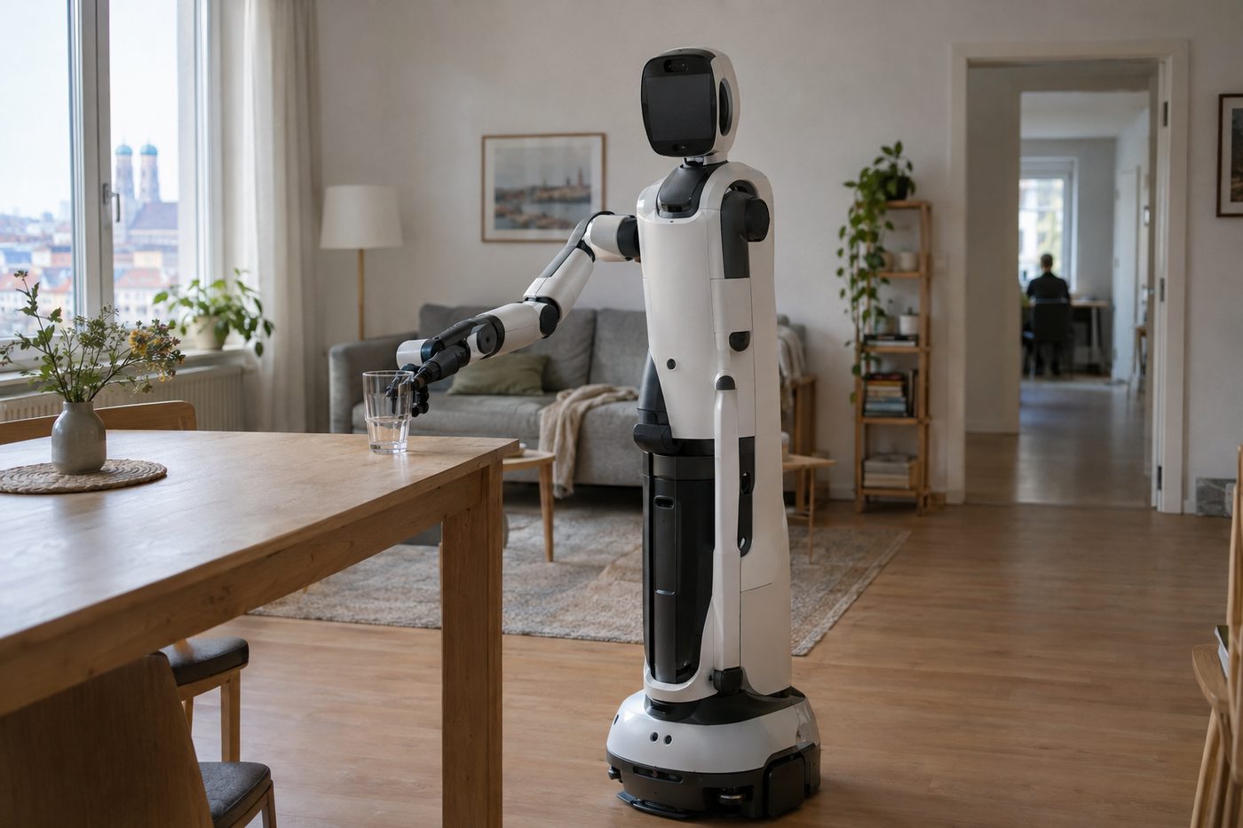 Humanoid home robot reaches for a glass of water on a dining table in a modern, well-lit living room.