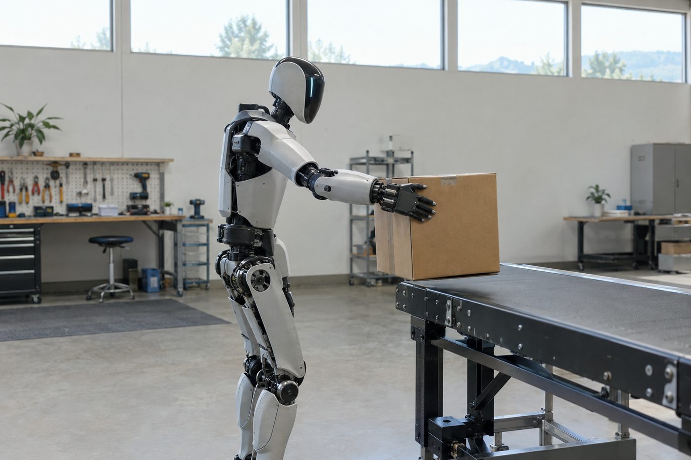 Humanoid robot places a cardboard box onto a conveyor belt in a bright, modern industrial workspace.