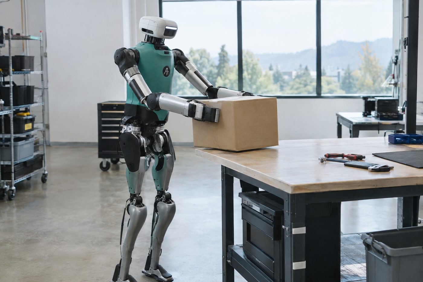 Humanoid robot lifts a cardboard box onto a workbench in a modern industrial workspace with tools and shelves.