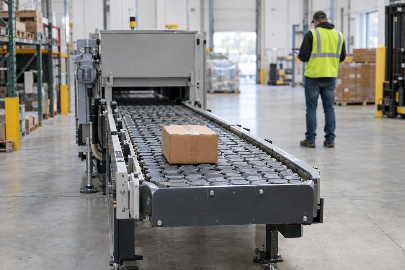 Cardboard box on a conveyor belt in a warehouse; worker in a safety vest stands in the background with a tablet.