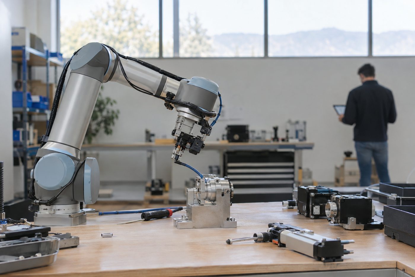 Robotic arm assembles components on a workbench; person in background uses a tablet in a bright, modern lab.