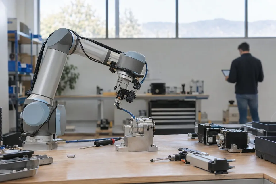 Robotic arm assembles components on a workbench; person in background uses a tablet in a bright, modern lab.