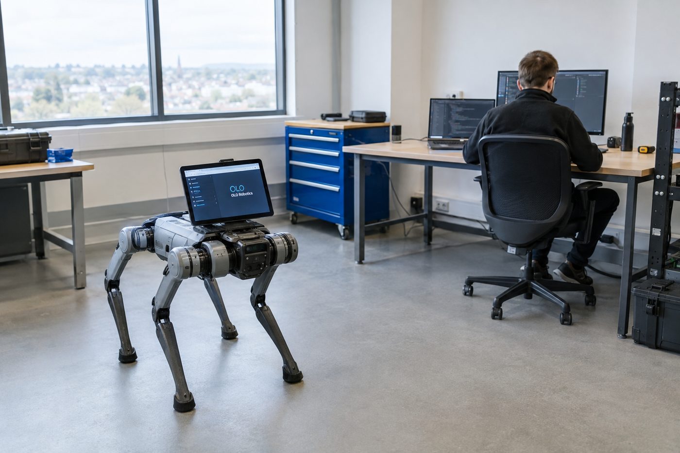 Four-legged robot with a screen stands in a tech lab while a person works at a computer desk in the background.
