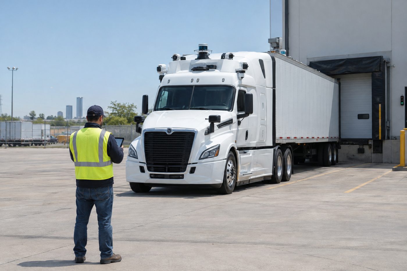 Worker in safety vest observes a self-driving semi truck backing up to a loading dock outside a warehouse.