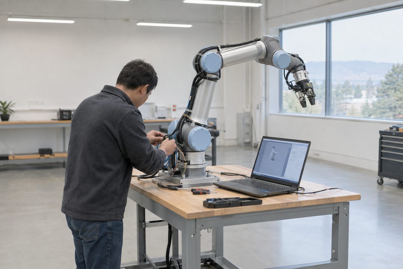 Person works on a robotic arm beside a laptop in a bright, modern lab with large windows and industrial equipment.