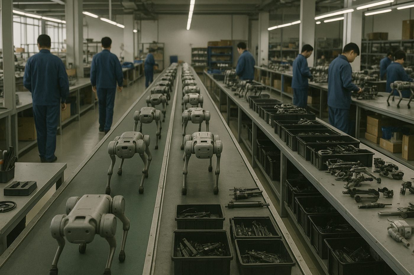 Rows of quadruped robots on a conveyor belt in a factory, with workers in blue uniforms assembling parts.