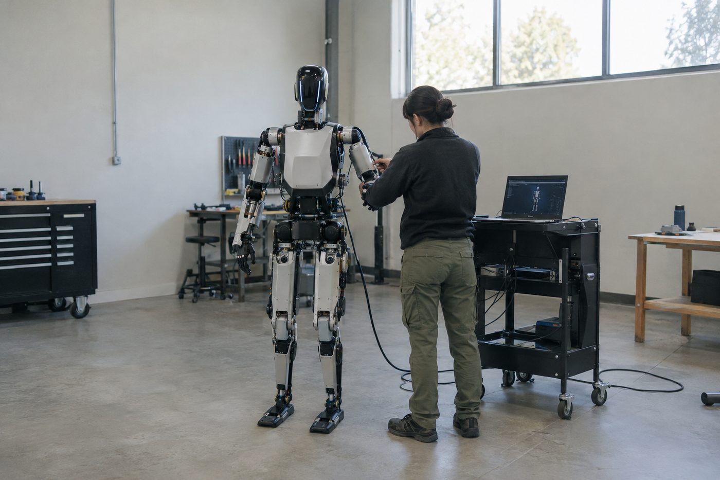 Technician adjusts a humanoid robot in a spacious, well-lit workshop with tools and a laptop on a nearby cart.